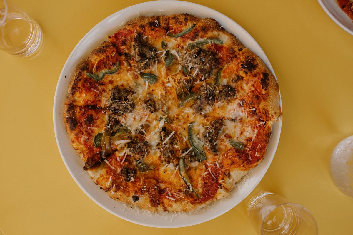 Amici pizza photographed from above